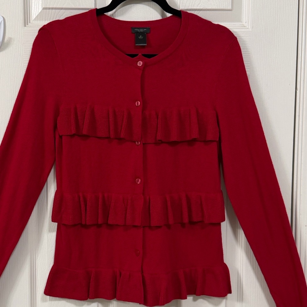 Ann Taylor Red Ruffled Button Down Sweater Holiday Cocktail Party Office - Picture 6 of 15